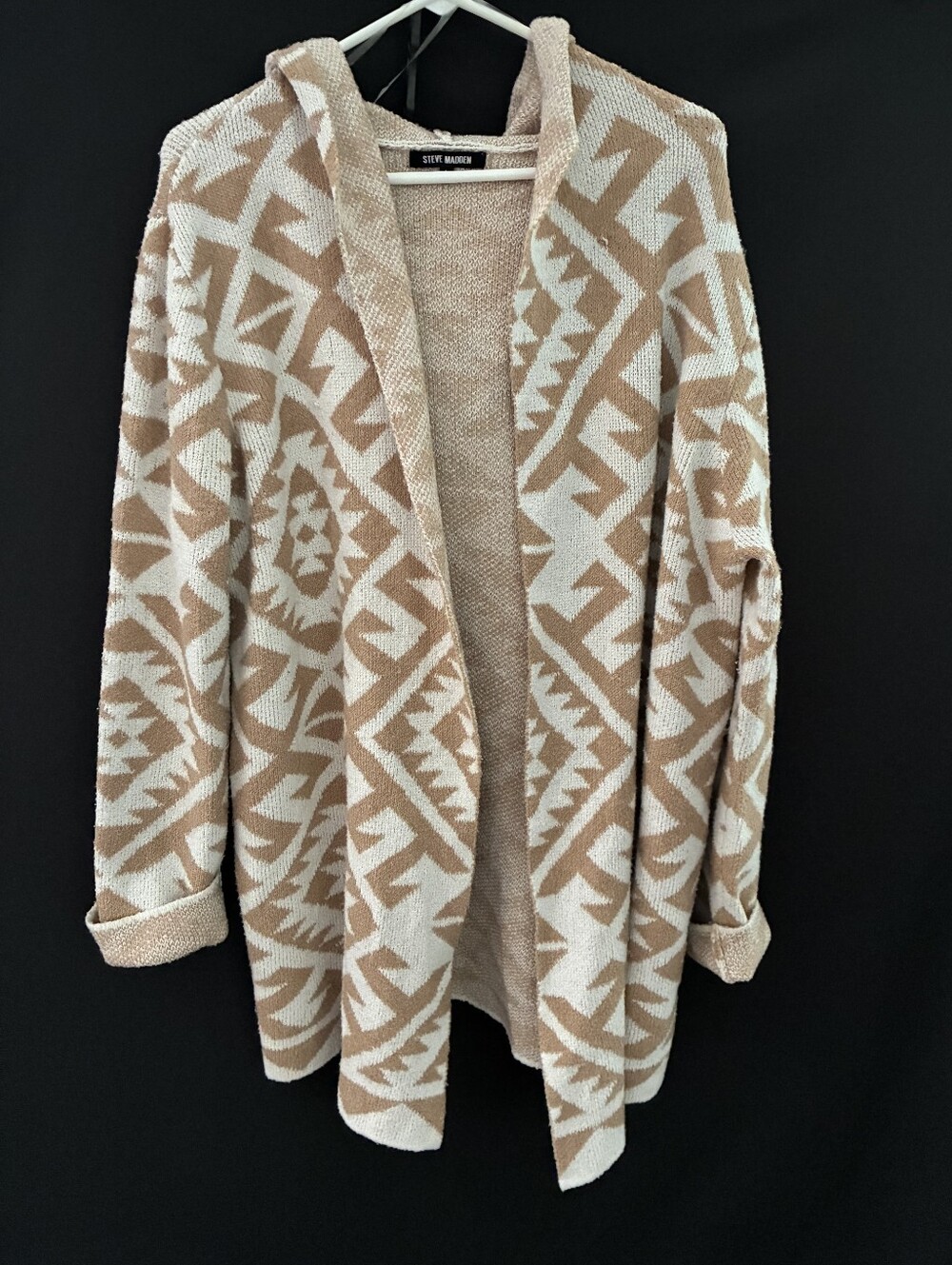 Steve Madden Cream and Tan Geometric Open-Front Cardigan Sweater